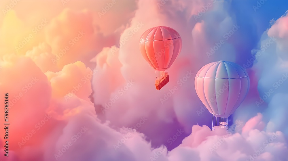 Obraz premium Miniature Hot Air Balloons Soaring Above a Pastel Sky, Aesthetic Background Design with Soft Colors, Hand Edited Generative AI