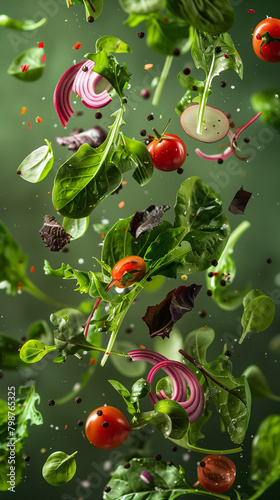 Crisp garden salads floating in mid-air, vividly captured in a food photography style against a vibrant leaf green studio backdrop, highlighting the freshness and variety of the greens and vegetables.