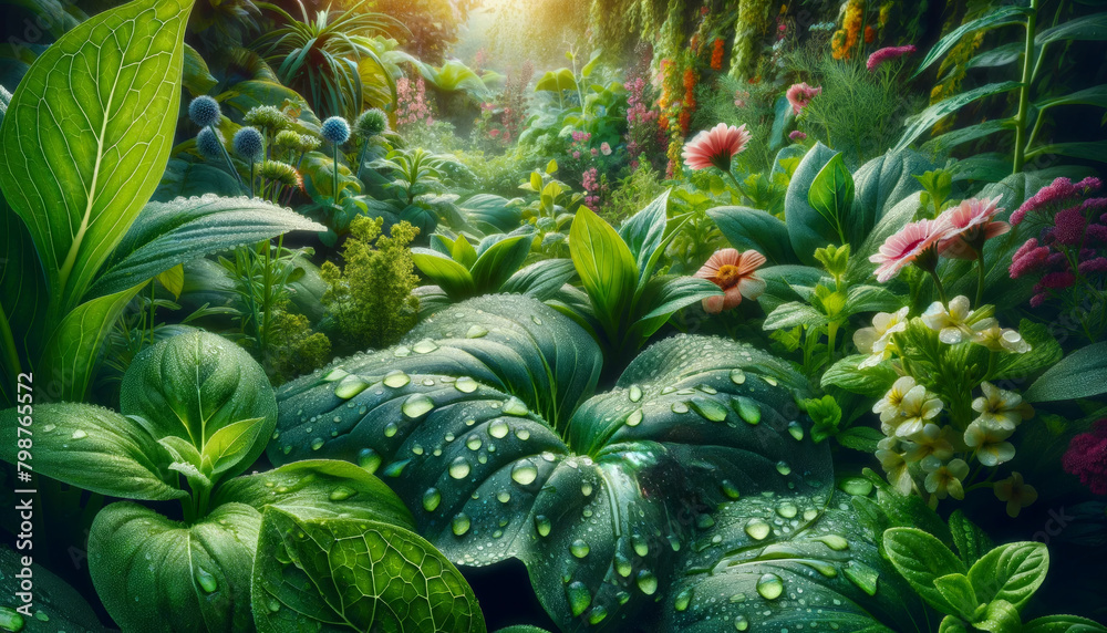 Close-up of wet leaves and blooming flowers in a sustainable garden after rain. AI generated.