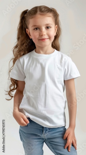 Little girl wearing white blank green t shirt mockup for print image portrait isolated