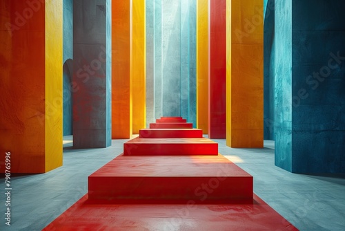 colorful hallway with red stairs in the center. The walls are painted in bright colors  such as yellow  blue  and orange.