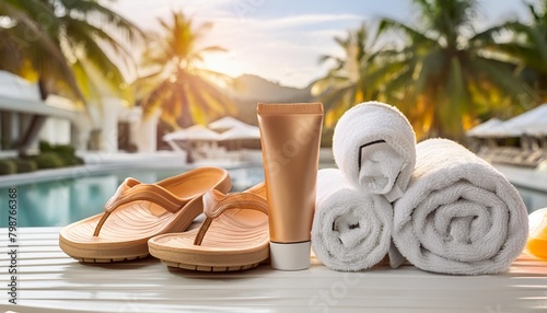 Spa background towel bathroom white luxury concept, summer slippers and sun cream photo