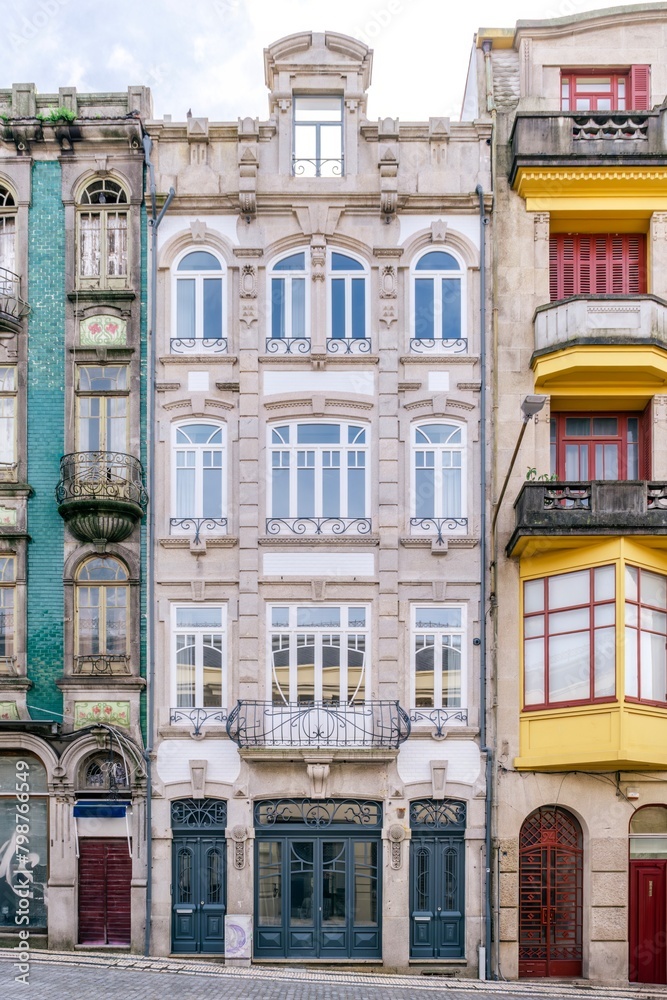 Typical colorful building facade of Porto city center. Traditional urban historic center architecture. Travel and monuments of Portugal. Next to the Douro river.