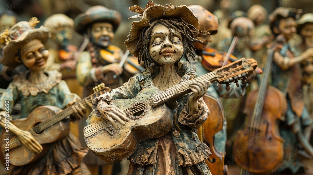 A creepy collection of ceramic figurines playing various musical instruments