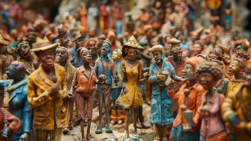 A crowd of colorful African figurines