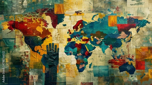 A colorful painting of the world map with a raised hand in the middle.