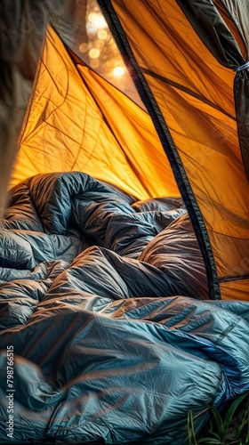 Vertical AI illustration sleeping bag in a tent at sunrise. Concept hobbies and entertainments.