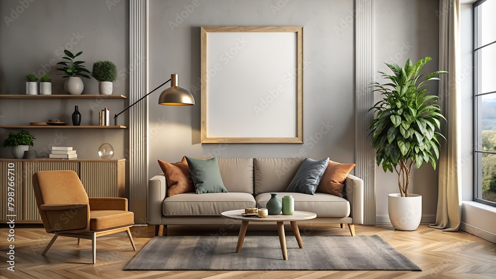 Mockup of a living room with a sofa and a coffee table, suitable for use in interior design or as part of illustration projects.