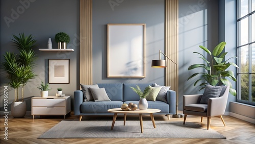 Mockup of a living room with a sofa and a coffee table, suitable for use in interior design or as part of illustration projects. photo