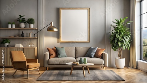 Mockup of a living room with a sofa and a coffee table, suitable for use in interior design or as part of illustration projects.