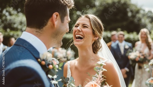 Joyful bride laughing with groom on wedding day photo