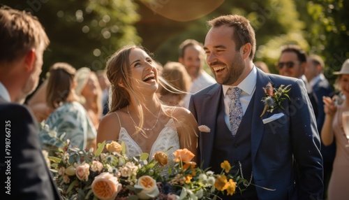 Joyful bride and groom laughing at wedding reception photo