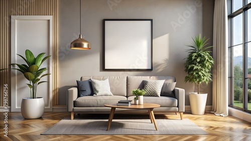Mockup of a living room with a sofa and a coffee table, suitable for use in interior design or as part of illustration projects. photo