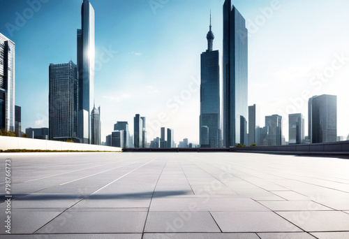 'floor square concrete road empty buildings office business modern skyline Panoramic city building architecture landscape skyscraper downtown sky urban street blue view tower panorama center park'