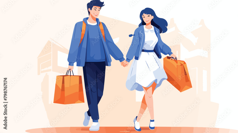 Adorable modern young couple carrying bags with pur