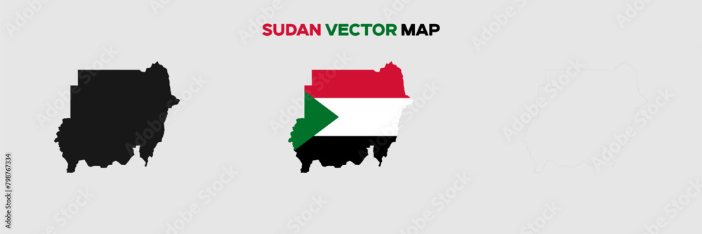 Sudan Map Vector Pack. Map with Flag. Gray Map Silhouette. Gray Outline Map. Editable EPS file. 