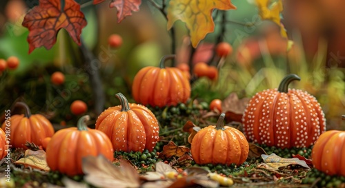A group of pumpkins of various sizes sit in a pile of autumn leaves and moss. The background is slightly blurred and contains a tree with orange leaves.