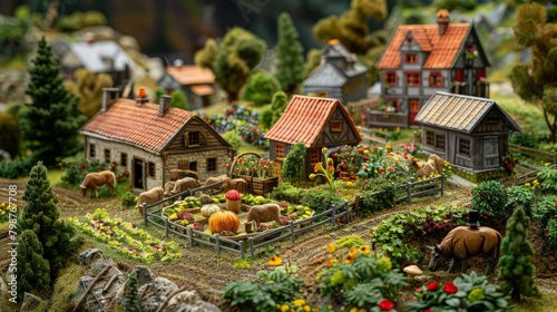 A highly detailed miniature model of a quaint little farming village complete with houses, fences, gardens, and livestock. photo