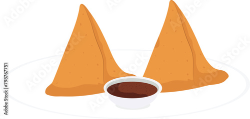 Indian street food Samosa vector illustration, Indian Snacks Samosa, Indian Food Plate of Samosa with chutney 