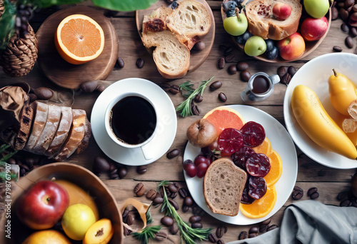 'juice view Top bread coffee meat table fruit Breakfast Brunch Table Food Top View Coffee Bread Spread Break Cheese Background Ham Juice Egg Beverage Fast Above Delicious Summer Aerial Down Milk' photo