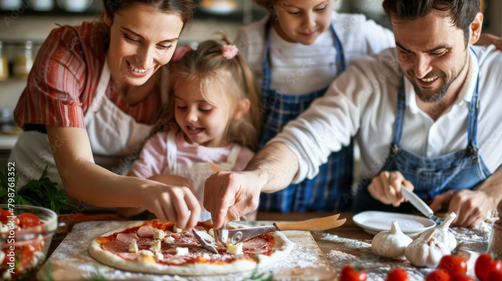 Excited family enjoying the process of making homemade pizzas at home Excited family enjoying the process of making homemade pizzas at home