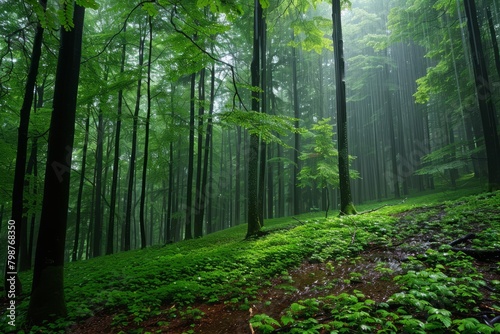 Dense Forest With Tall Trees  Ein von der Sonne durchfluteter Wald.