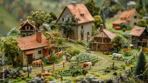 A model village with houses, fences, trees, and cows.