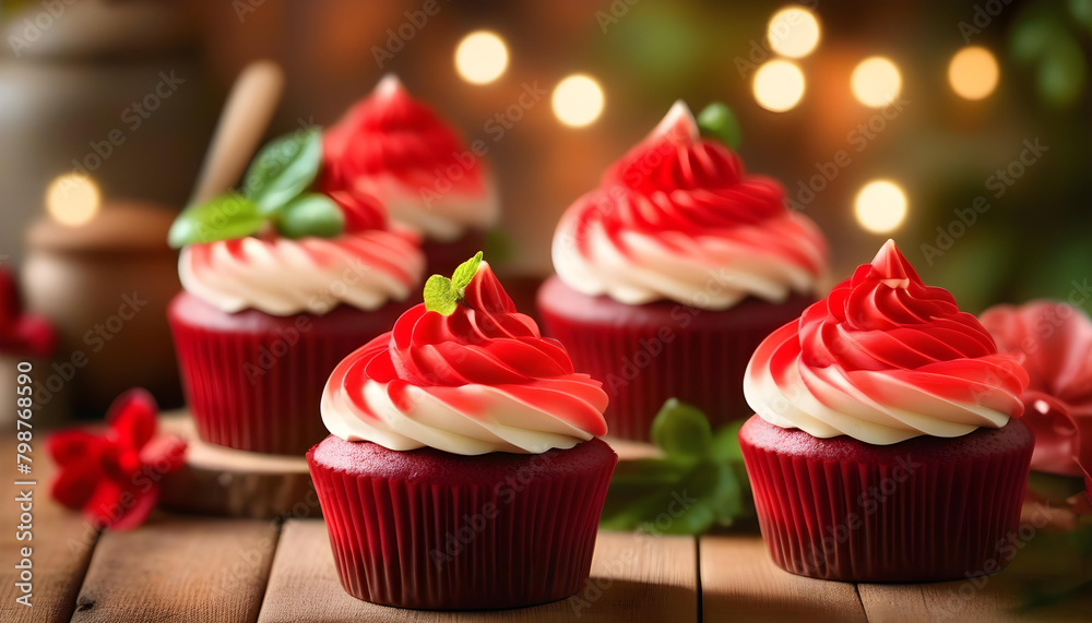 A close-up of red velvet cupcakes on a wooden table with a blurred background