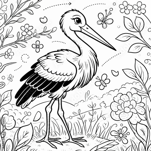 stork with flowers children's coloring page spring illustration