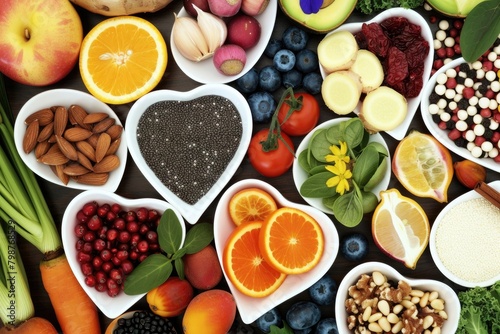 Various fruits and vegetables are spread across the table