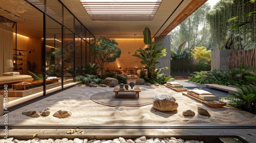 A photo of a beautiful house with a garden. The house is made of wood and glass, and the garden is full of plants and flowers. There is a table and chairs in the garden, and a path that leads to the h