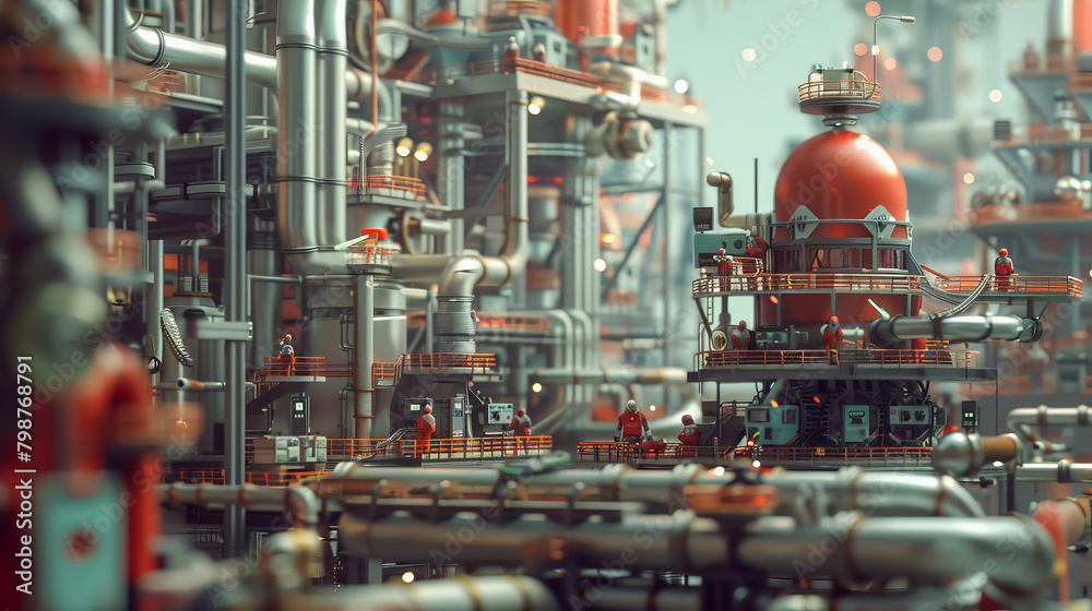 A futuristic industrial scene with a red dome in the center