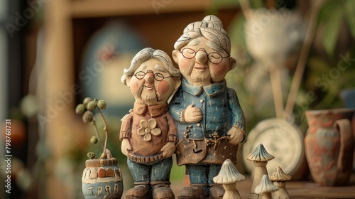 A photo of two clay figurines of old people
