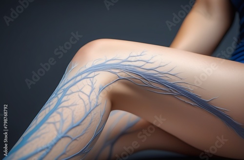 Image female legs, side view, with varicose veins, illustration for design, advertising in field of phlebology, medicine or cosmetology, vascular diseases, sclerotherapy procedure by vascular surgeon photo