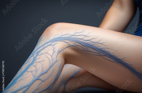 Image female legs, side view, with varicose veins, illustration for design, advertising in field of phlebology, medicine or cosmetology, vascular diseases, sclerotherapy procedure by vascular surgeon