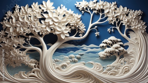 white relief 3d tree wallpaper