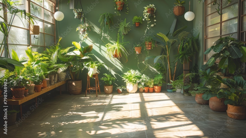 Obraz premium A room filled with lush green plants and sunlight shining through the windows.