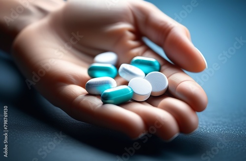 Medicinal tablets of white and blue color are in hand, Probiotics, antibiotics, concept of vitamins, minerals and biologically active additives in capsule tablets, drug treatment with medicines photo