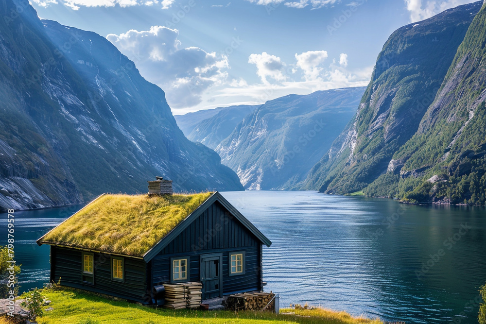 A Norwegian craftsman house in a fjord setting, with a grass-covered roof, surrounded by towering mountains and deep, blue waters, under the midnight sun.