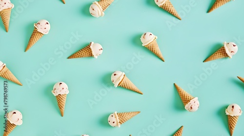 Petite Ice Cream Cones Scattered on a Mint Green Backdrop,
Sweet Ice Cream Background, Hand Edited Generative AI