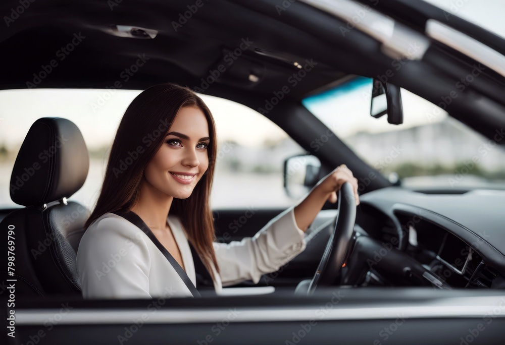 'steering leans smiling modern wheel driver new female testing automobile brand car daylight satisfaction purchase smile woman girl 1 person style auto vehicle transport success'