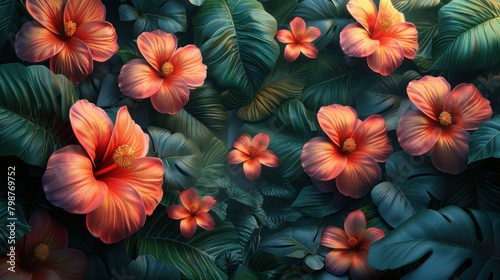 tropical leaves and flowers wallpaper background