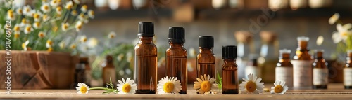 A sleep aid product display featuring essential oils derived from chamomile and other sleeppromoting flowers photo