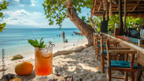 A stylish boho cocktail bar on a tropical beach, serving exotic drinks with organic ingredients © Samon
