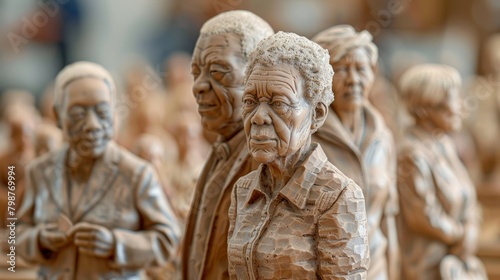 A wooden sculpture of a group of people.