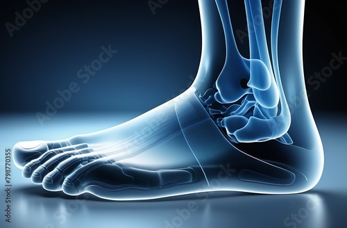Medical illustration X-ray of a human foot, ankle, shin and ankle joint on a dark blue background for pain diagnosis, side view