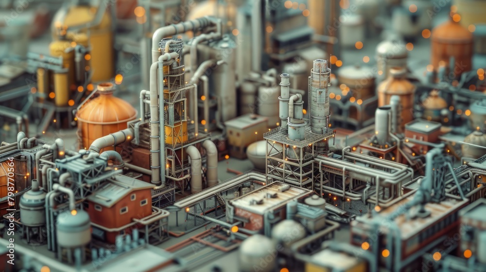 An isometric view of a miniature industrial city.
