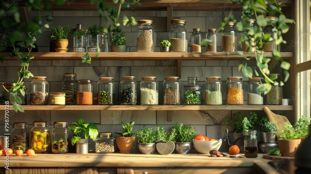 An organized kitchen pantry with lots of glass jars and hanging plants