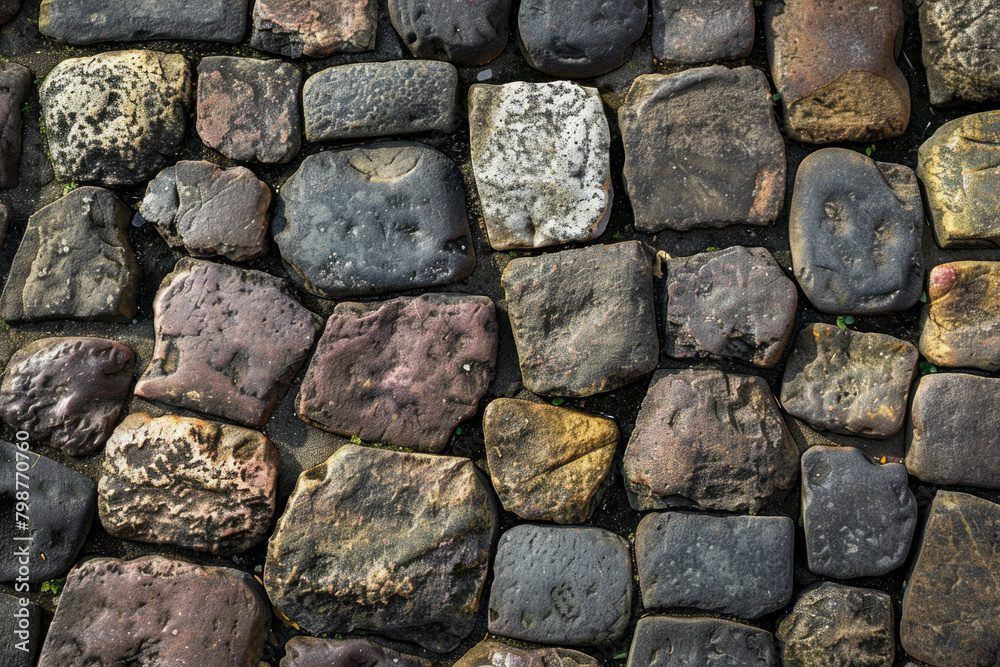 Textured surface of cobbled stones, showcasing their irregular shapes and worn surfaces. Cobbled stone textures offer a classic and timeless backdrop Textured surface of cobbled stones, showcasing their irregular shapes and worn surfaces. Cobbled stone textures offer a classic and timeless backdrop