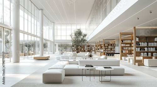 An ultra modern library with white walls and furniture